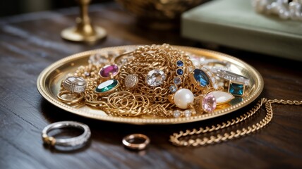Luxurious jewelry setup with emeralds, rubies, and amethysts arranged among vintage bracelets and golden accents.
