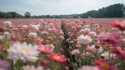 Stylized outdoor scene with dense floral textures, soft daylight, and visual rhythm across a peaceful natural landscape.