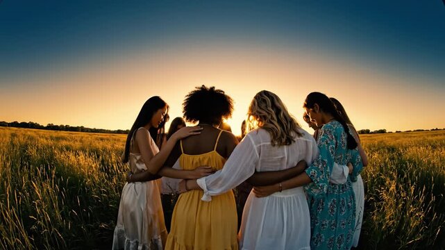 Diverse group of women standing in a circle hugging in a golden wheat field at sunset. This scene represents friendship, unity, and female empowerment. Perfect for social or lifestyle ads.