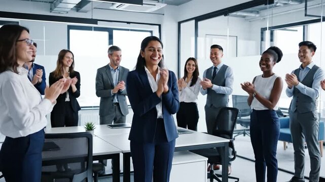 A group of diverse professionals applauds a happy Indian businesswoman in a modern office. The team celebrates a milestone or promotion. Ideal for corporate culture and leadership content.
