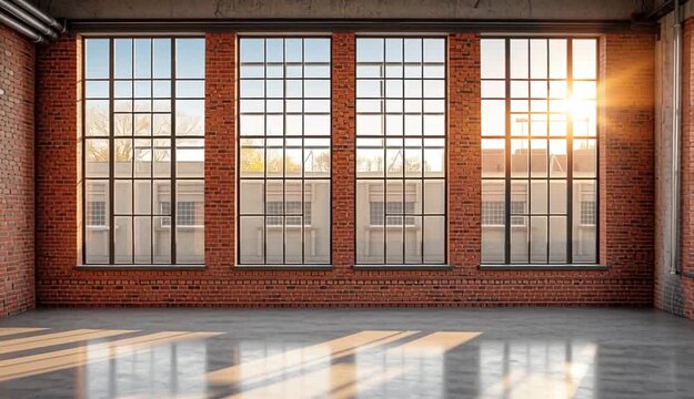 Empty industrial loft interior with exposed red brick walls, large factory-style grid windows with natural sunlight streaming in, polished concrete floor with reflections
