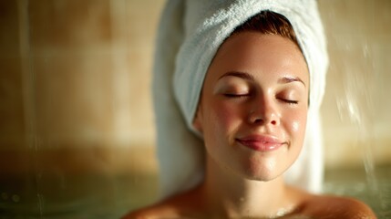 Fototapeta premium A serene spa moment captured in this image, showcasing a peaceful woman with a towel, exuding calmness and relaxation, perfect for wellness and self-care themes.