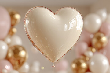 Translucent heart shaped balloon floating among blurred festive decorations