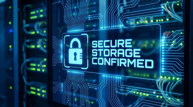 Secure data storage confirmed with digital lock interface, protected server infrastructure, encrypted information management and cybersecurity concept