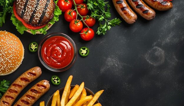 Fast food flat lay on dark slate background, cheeseburgers with sesame seed buns, grilled sausages, golden french fries, ketchup in glass bowls, 
sliced jalapenos in bowl, fresh tomatoes on vine, par