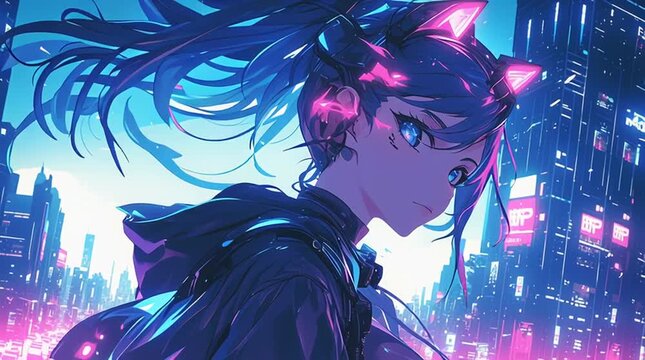 Anime style illustration of a cyberpunk girl with glowing cat ears headset in a futuristic city with neon lights