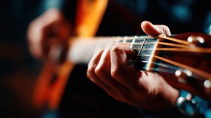 Fototapeta premium This dynamic image captures the moment of fingers skillfully strumming an acoustic guitar, illustrating the passion and artistry involved in music creation.