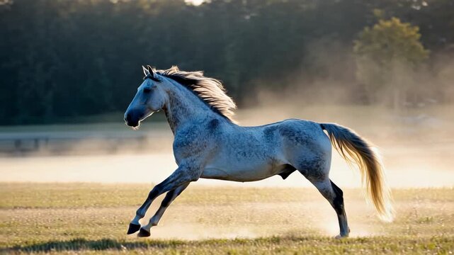 White horse galloping across a misty field during Cloud Dancer trend 2026, radiating freedom and energy. Color of the Year 2026. Cloud Dancer