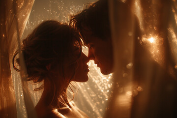 Image Title: Romantic couple in intimate moment behind sheer curtain with golden light