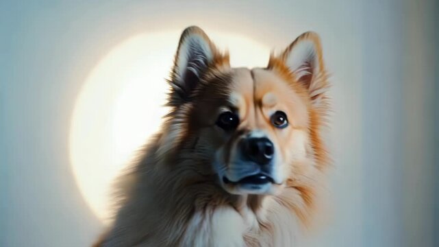 Fluffy Icelandic sheepdog turning its head towards the camera in a studio with a warm backlight, embodying the serene and elegant Cloud Dancer color of the year 2026