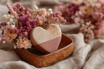 Heart shaped decorative object with dried flowers in wooden tray arrangement
