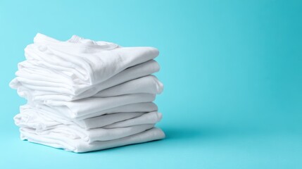 A stack of neatly folded white t-shirts against a light blue backdrop, showcasing their freshness and cleanliness, perfect for clothing and retail imagery.