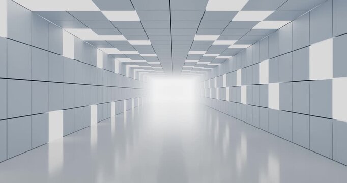 Futuristic white corridor with geometric panels and bright light looping animation