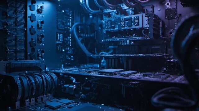 Computer hardware components illuminated by intense blue light showing complex internal processor circuitry and data infrastructure