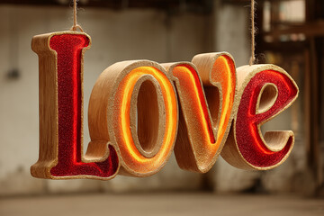 Textured love word decoration hanging on twine for Valentine's Day display