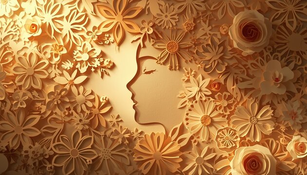 A beautiful woman's face is surrounded by intricate floral designs in a warm golden light