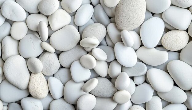 White smooth pebbles and stones background texture, clean white river rocks in various sizes, top-down flat lay view, natural stone pattern, zen garden aesthetic, minimalist white stone texture