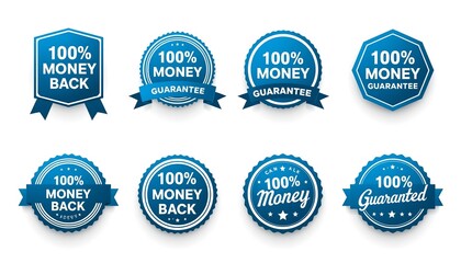 Obraz premium A collection of blue and white guarantee badges with 100% money back promises