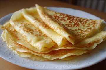 Crepes stacked on a plate at home during breakfast