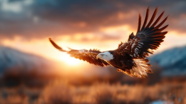 A breathtaking image of a bald eagle gracefully flying in the sky during sunset, showcasing the beauty of nature and the power of wildlife in their natural habitat.