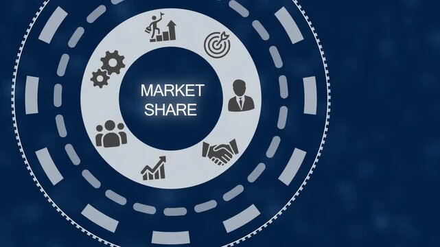 Circular infographic diagram explaining market share with for growth teamwork gears target handshake and business person on a dark blue gradient background