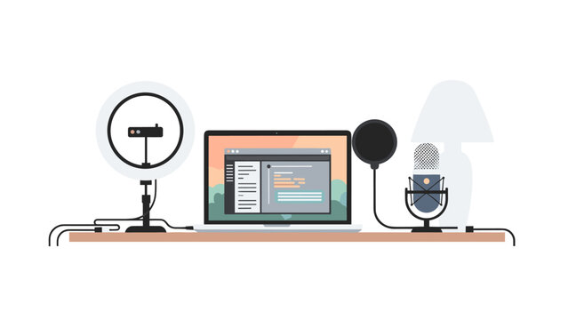 Home podcast setup with laptop, microphone, and ring light in flat design