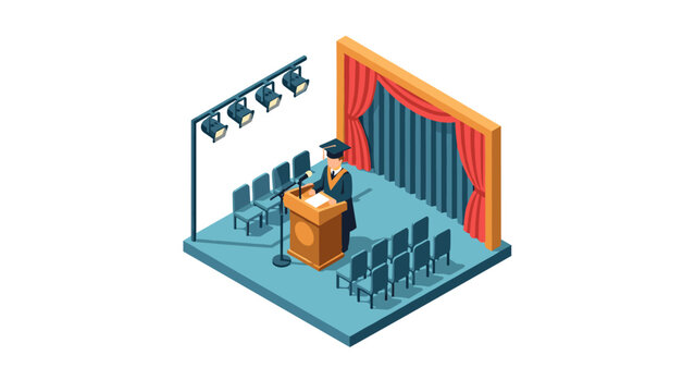 Isometric graduation ceremony stage with podium and seating arrangement