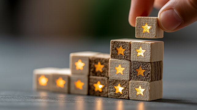 レビュー評価を積み上げる成長イメージ、五つ星の強化