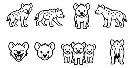 Obraz premium Hand drawn line art hyena set featuring spotted hyena characters in various poses and expressions for children's learning and wildlife projects