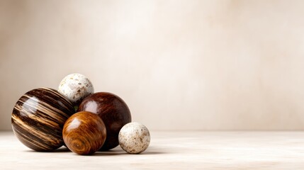 Obraz premium A serene composition of wooden balls in varying sizes and textures provides an artistic focus on natural elements, bringing warmth and organic beauty to any space.