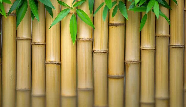 Natural bamboo fence background with vertical bamboo poles, light tan beige bamboo texture, small green bamboo leaves in corners, tropical zen aesthetic, natural wood pattern with visible joints and