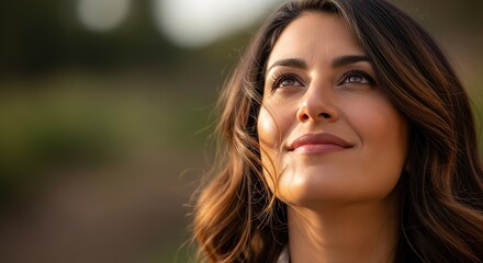 Fototapeta premium A woman with long brown hair looking up at the sky with a serene expression on her face