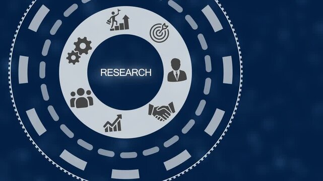 Circular infographic diagram with representing business research concepts like teamwork growth target handshake and gears on a dark blue background