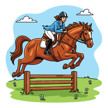 Colorful illustration of female equestrian jumping brown horse over wooden hurdle on grass field with clouds