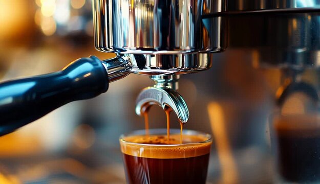 Espresso coffee brewing from professional espresso machine portafilter into clear glass, double shot extraction with rich crema, dark amber coffee stream flowing, chrome coffee machine group head