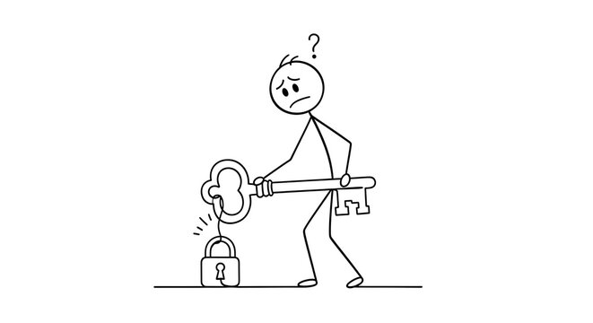 Confused stick figure holding a large key trying to unlock a small padlock with a question mark above head.