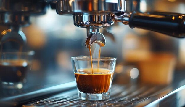 Espresso coffee brewing from professional espresso machine portafilter into clear glass, double shot extraction with rich crema, dark amber coffee stream flowing, chrome coffee machine group head