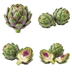 Obraz premium Fresh artichokes shown whole and halved, highlighting layered green bracts and purple heart, a nutritious Mediterranean vegetable used in cooking, gourmet food, and fresh produce concepts.