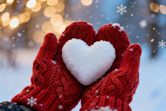 Person Holding Snow Heart in Red Knitted Mittens against Winter Bokeh Background with Snowflakes; Romantic Winter Season Concept, Valentine's Day Love, and Cozy Outdoor Holiday Atmosphere