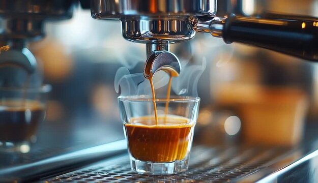 Espresso coffee brewing from professional espresso machine portafilter into clear glass, double shot extraction with rich crema, dark amber coffee stream flowing, chrome coffee machine group head