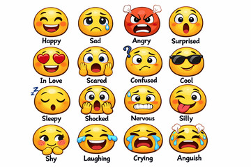 Obraz premium Collection of 16 colorful and expressive emoji faces displaying various emotions