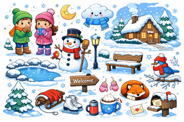 Fototapeta premium Winter wonderland scene with snowman, cozy cabin, and children playing