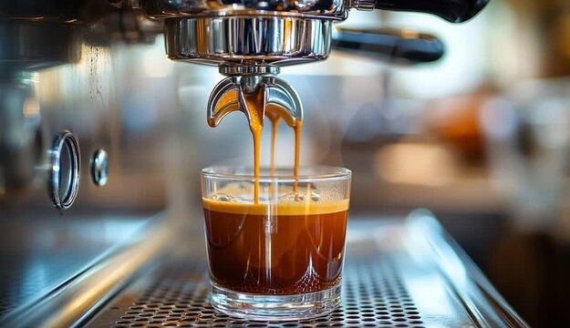 Espresso coffee brewing from professional espresso machine portafilter into clear glass, double shot extraction with rich crema, dark amber coffee stream flowing, chrome coffee machine group head