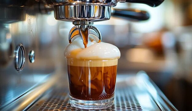 Espresso coffee brewing from professional espresso machine portafilter into clear glass, double shot extraction with rich crema, dark amber coffee stream flowing, chrome coffee machine group head