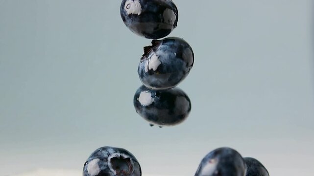 Fresh raw sour blueberries in slow motion video falling from above slowly in to a soft light blue background.Macro.AI Generative.