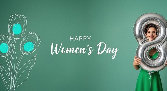 A woman holding a giant number 8 celebrates women's day with a green background
