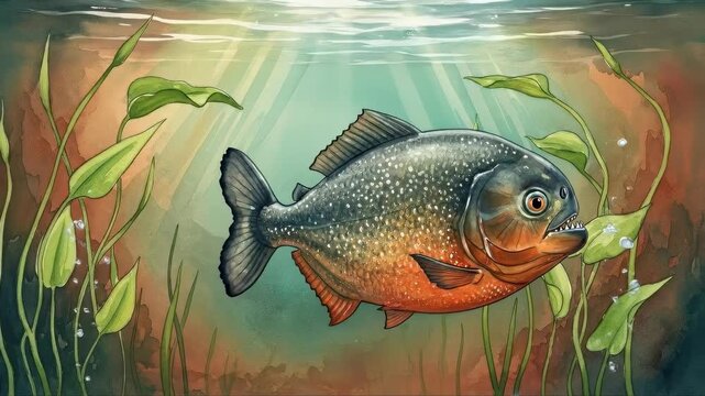 Vibrant piranha swimming in sunlit underwater plants captured in transitional sequence