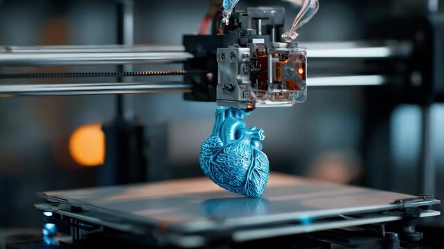Medium shot of a 3D printer crafting a detailed cardiac model derived from imaging data with the workbench tools softly blurred in the background.