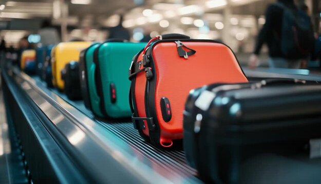Colorful hard-shell suitcases on airport baggage claim carousel conveyor belt, red suitcase in focus foreground with black and colorful luggage behind, modern airport terminal interior, blurred trav