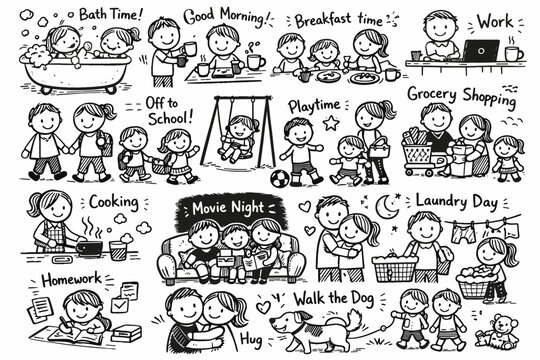 Daily routine stick figures: family activities and tasks in black and white